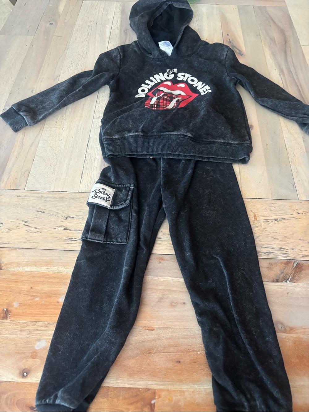the Rolling Stones Black Hoodie and Joggers with Red Plaid Tongue